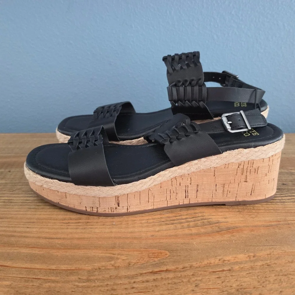 Frye and Co Womens Lavish Wedge Sandal Black Woven Cork Platform Size 7M